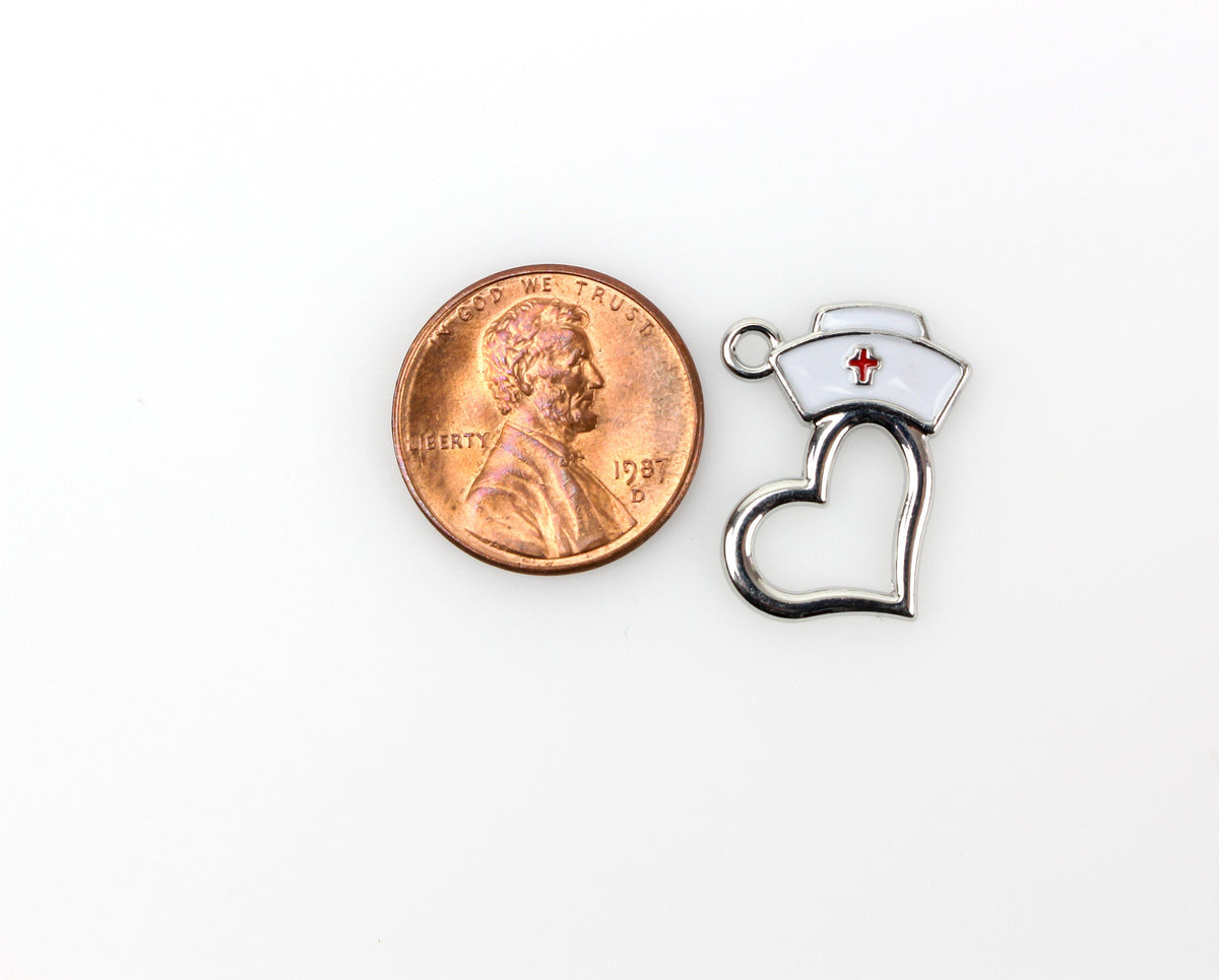 Nurse Cap Heart Charms - White Enamel with Red Cross Design 5pcs