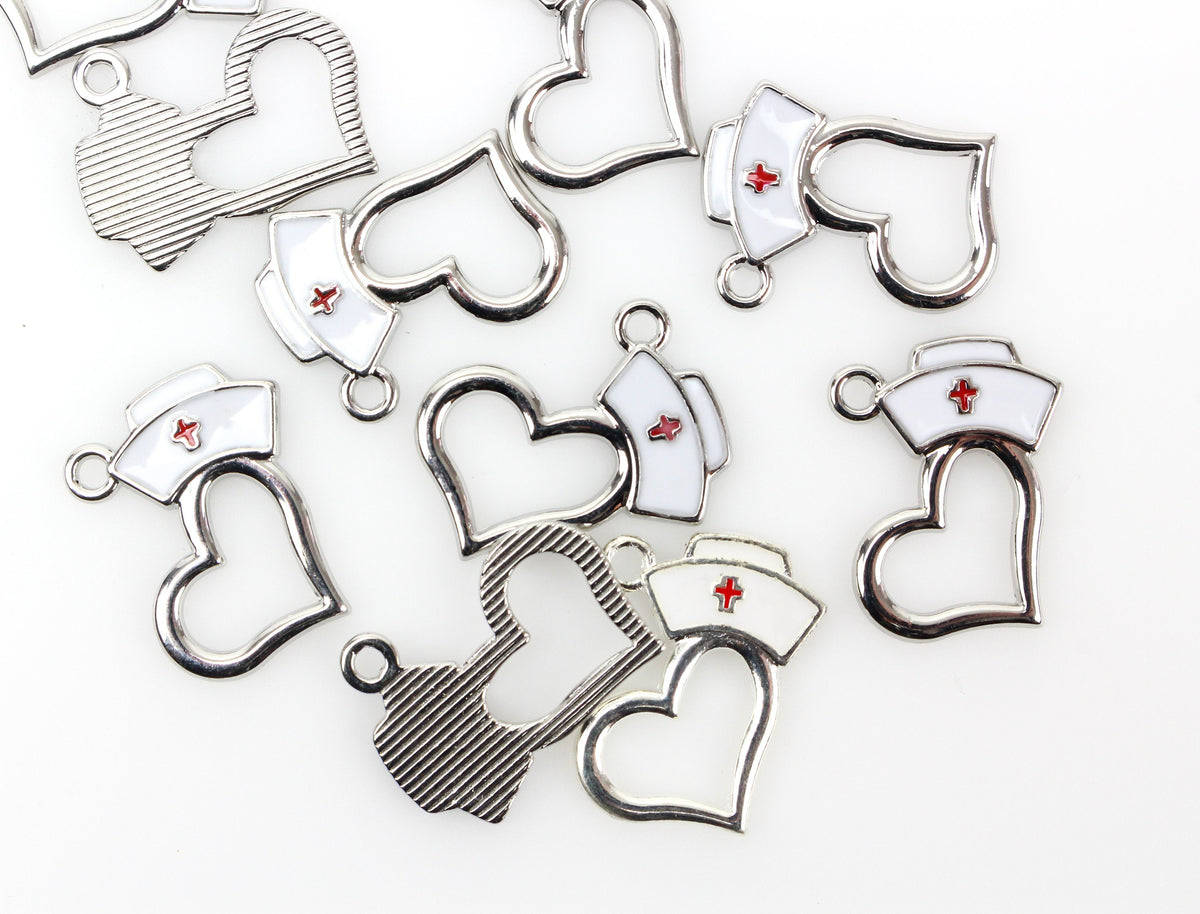 Nurse Cap Heart Charms - White Enamel with Red Cross Design 5pcs