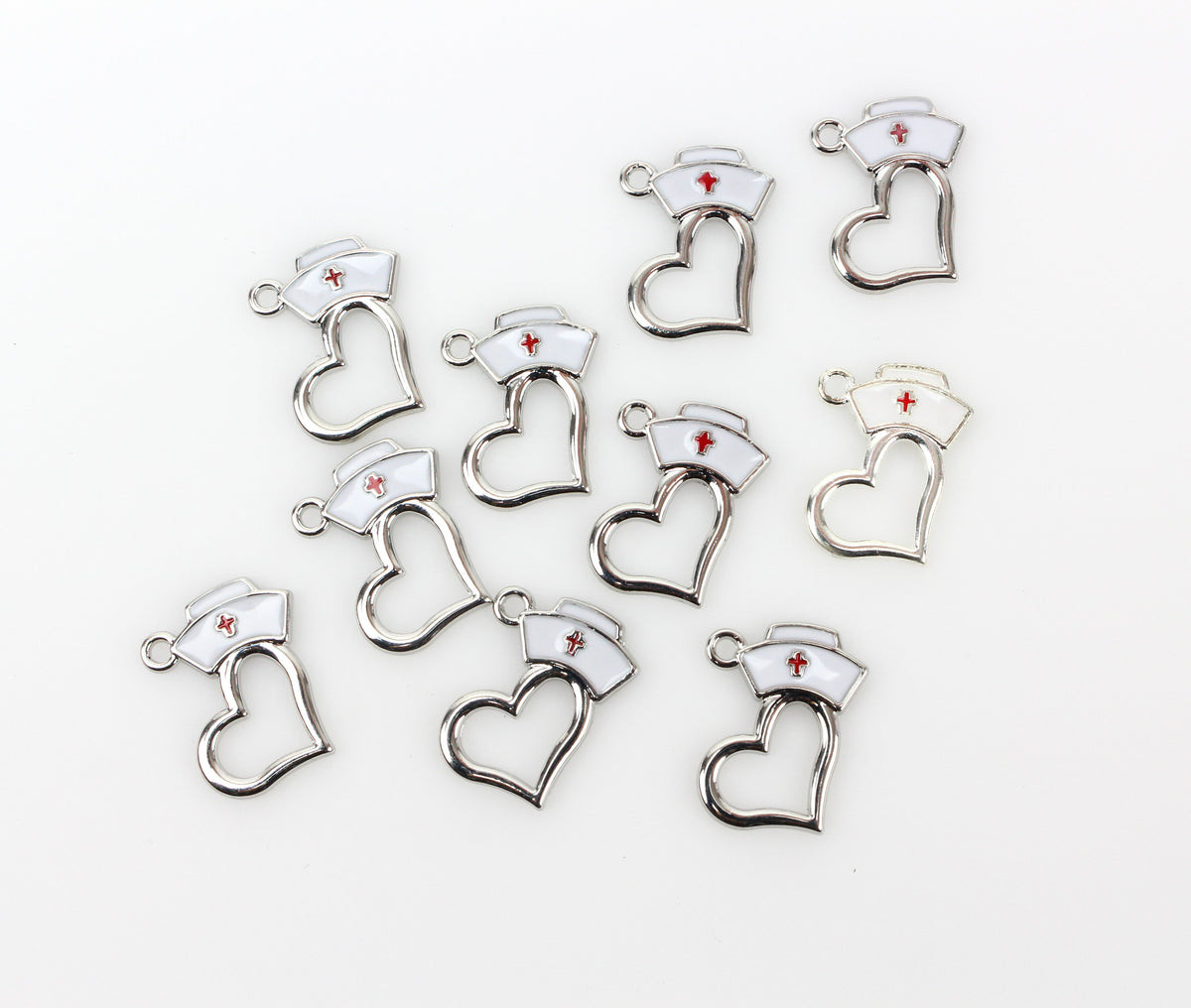 Nurse Cap Heart Charms - White Enamel with Red Cross Design 5pcs