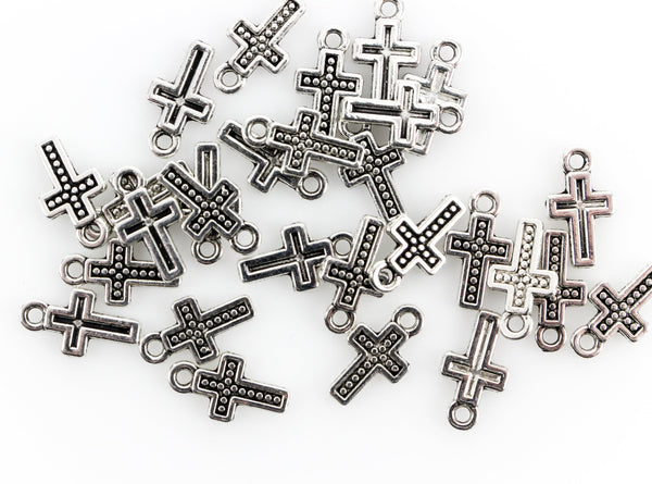 Tiny Silver Cross Charms with Dotted Design 13mmx7mm 25pcs