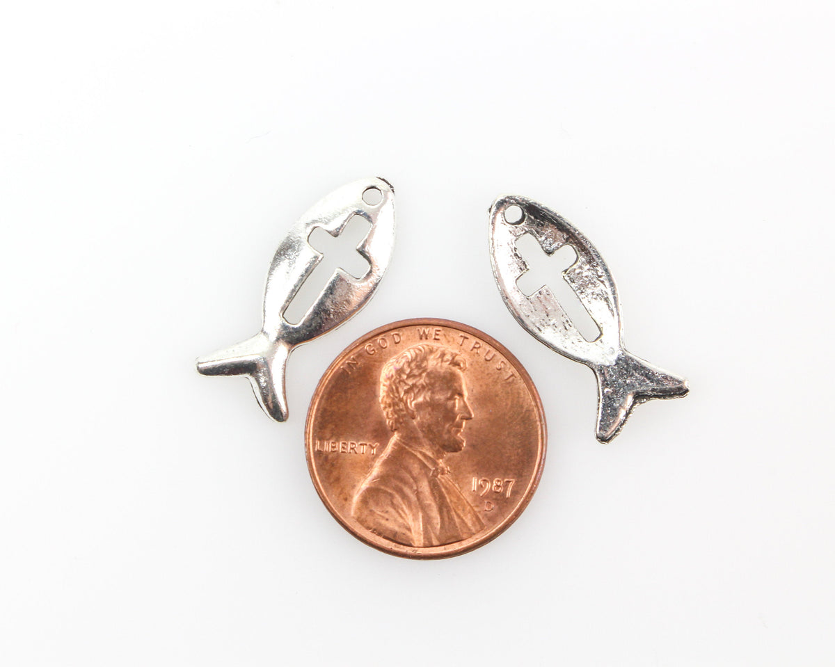 Jesus Fish Cross Charms - Christian Ichthys Symbol - Silver Tone 25pcs
