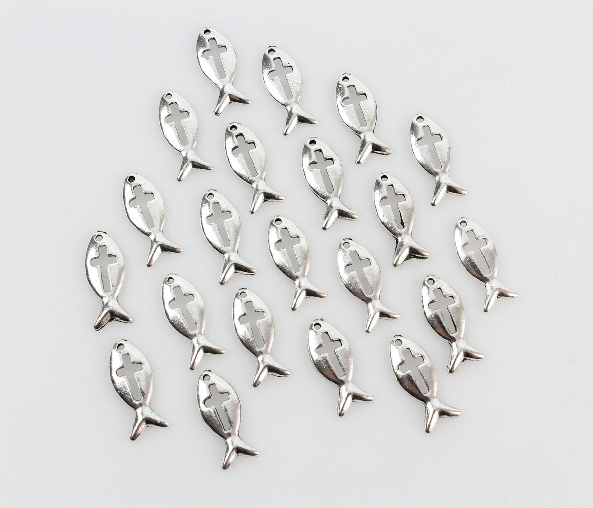 Jesus Fish Cross Charms - Christian Ichthys Symbol - Silver Tone 25pcs