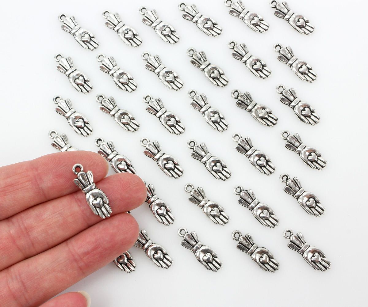 Hand Holding Heart Charms - Silver Tone 25pcs