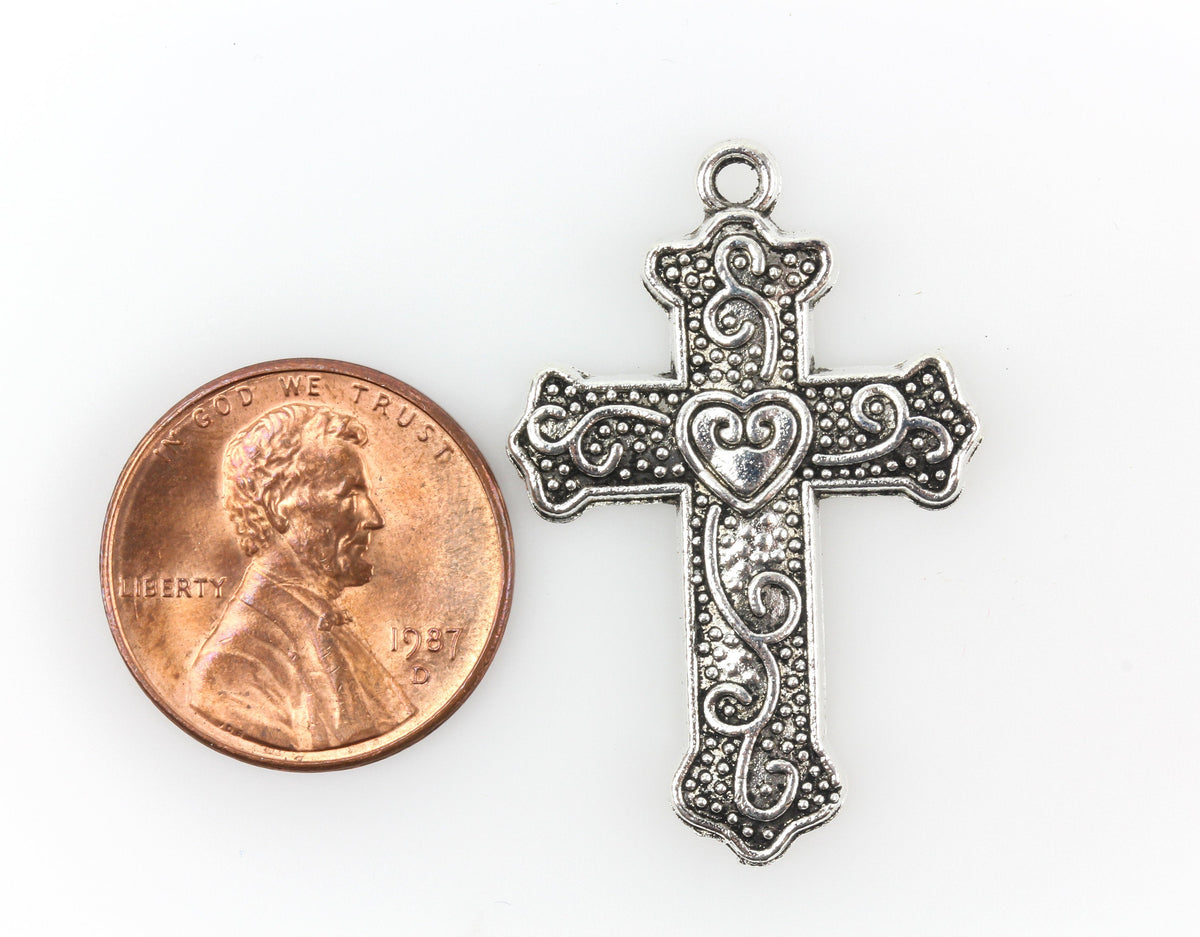 Ornate Heart Cross Charms - Silver Tone Religious Pendant 10pcs