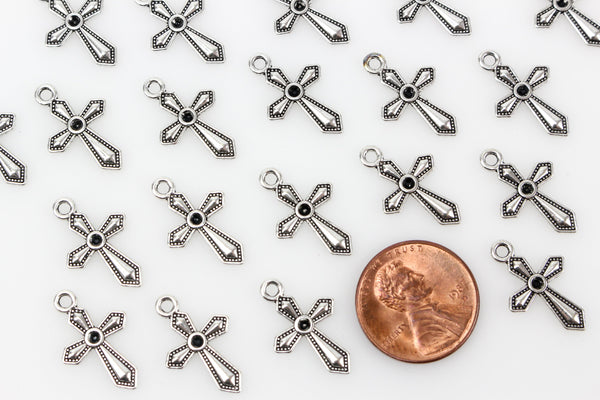 Religious Cross Charms with Optional Rhinestone Setting - Silver Tone 25pcs