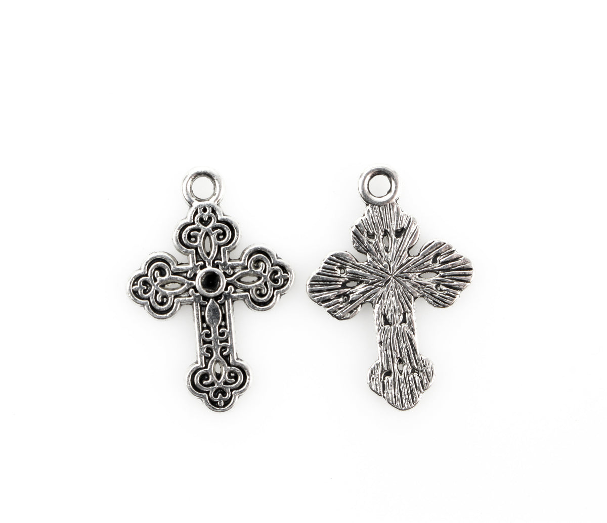 Budded Cross Charms with Optional Rhinestone Setting - Silver Tone 10pcs