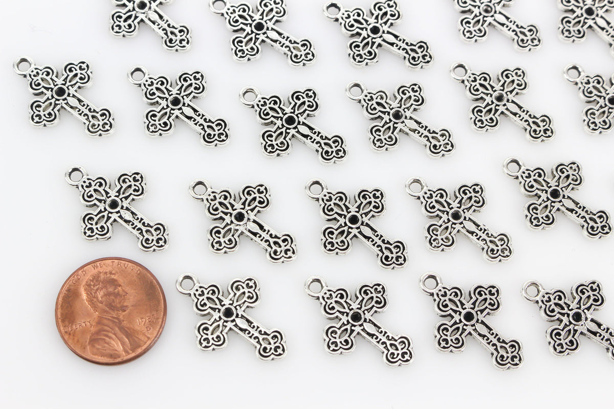 Budded Cross Charms with Optional Rhinestone Setting - Silver Tone 10pcs