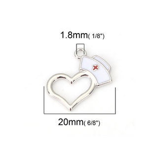 Nurse Cap Heart Charms - White Enamel with Red Cross Design 5pcs