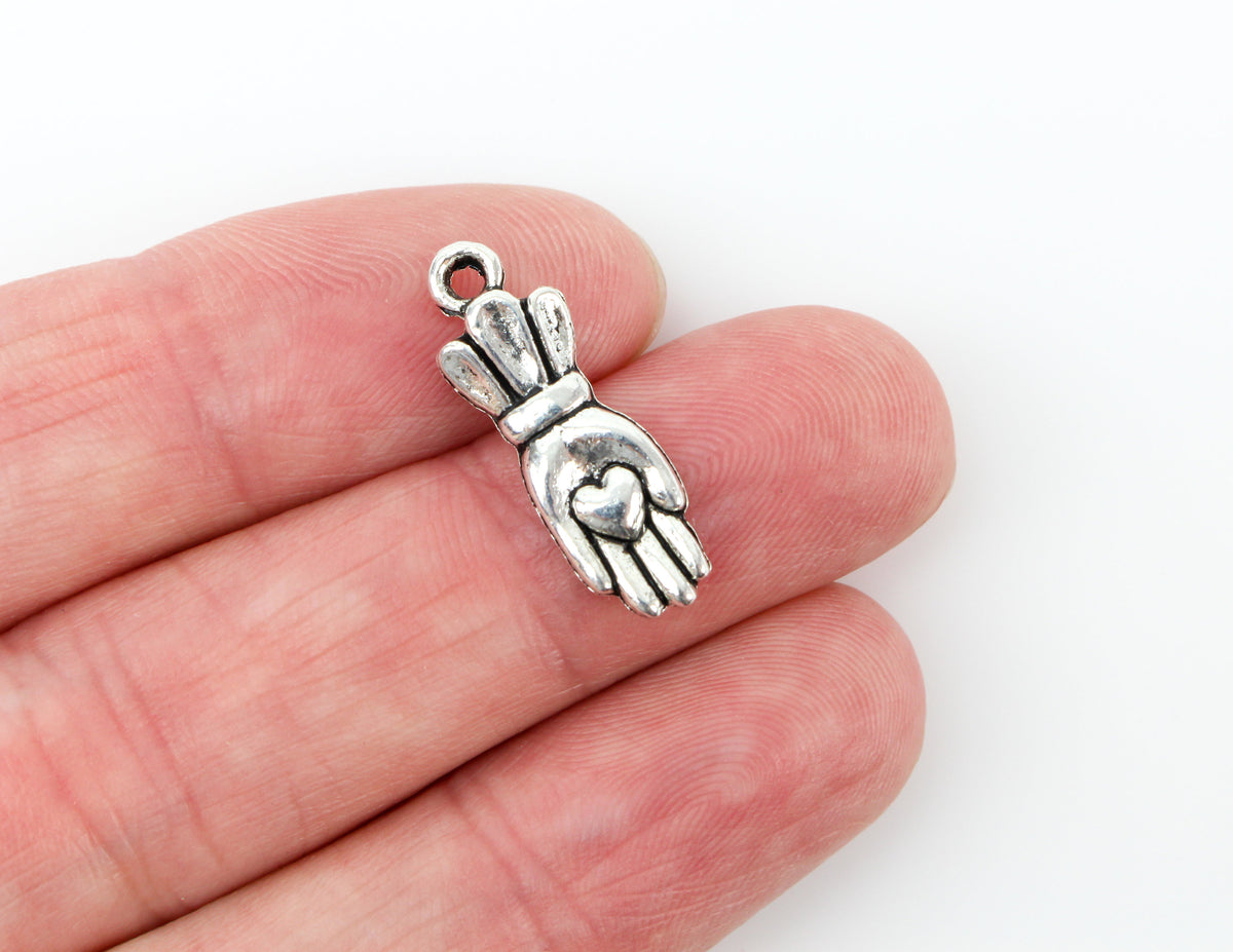 Hand Holding Heart Charms - Silver Tone 25pcs