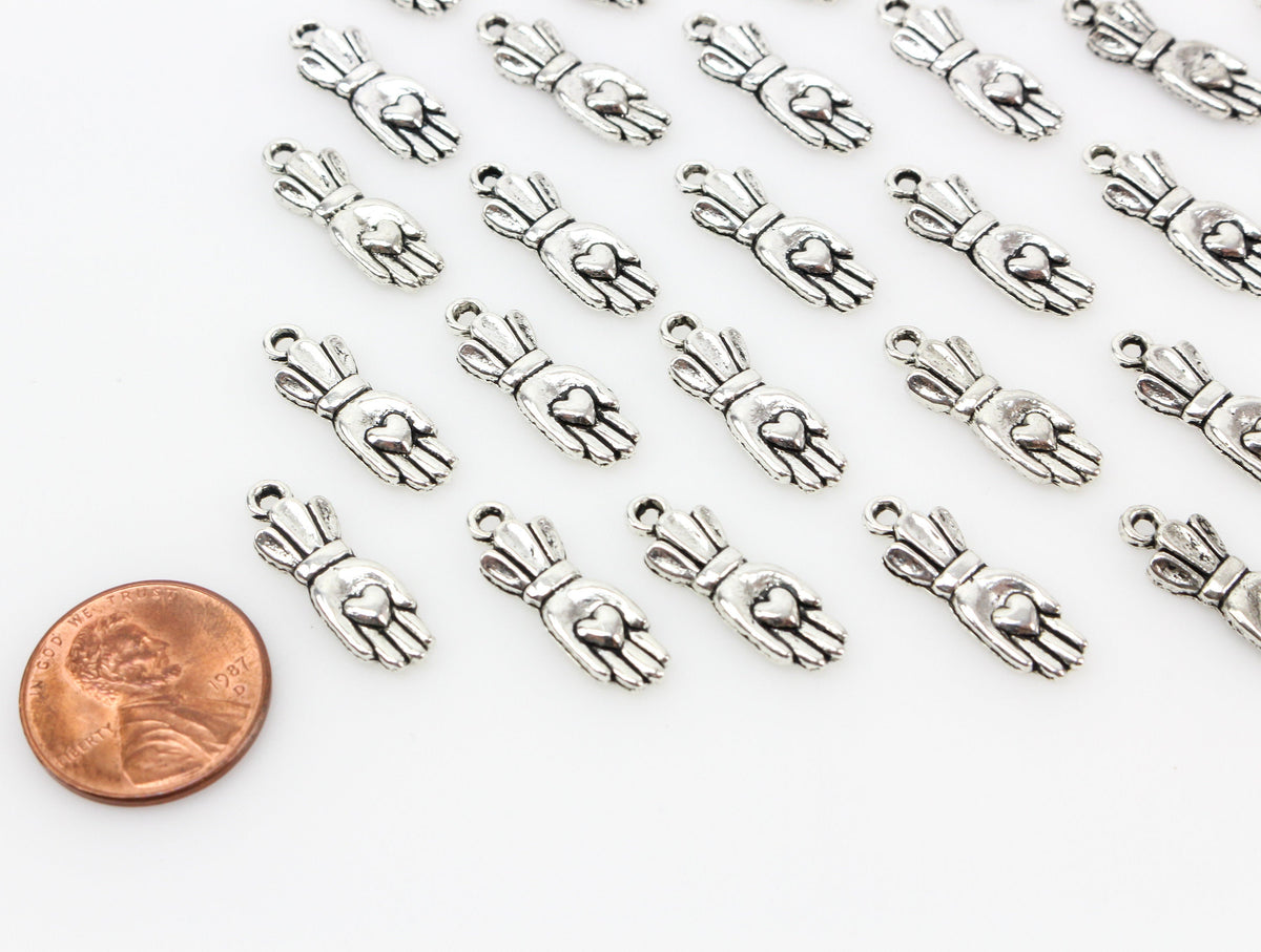 Hand Holding Heart Charms - Silver Tone 25pcs