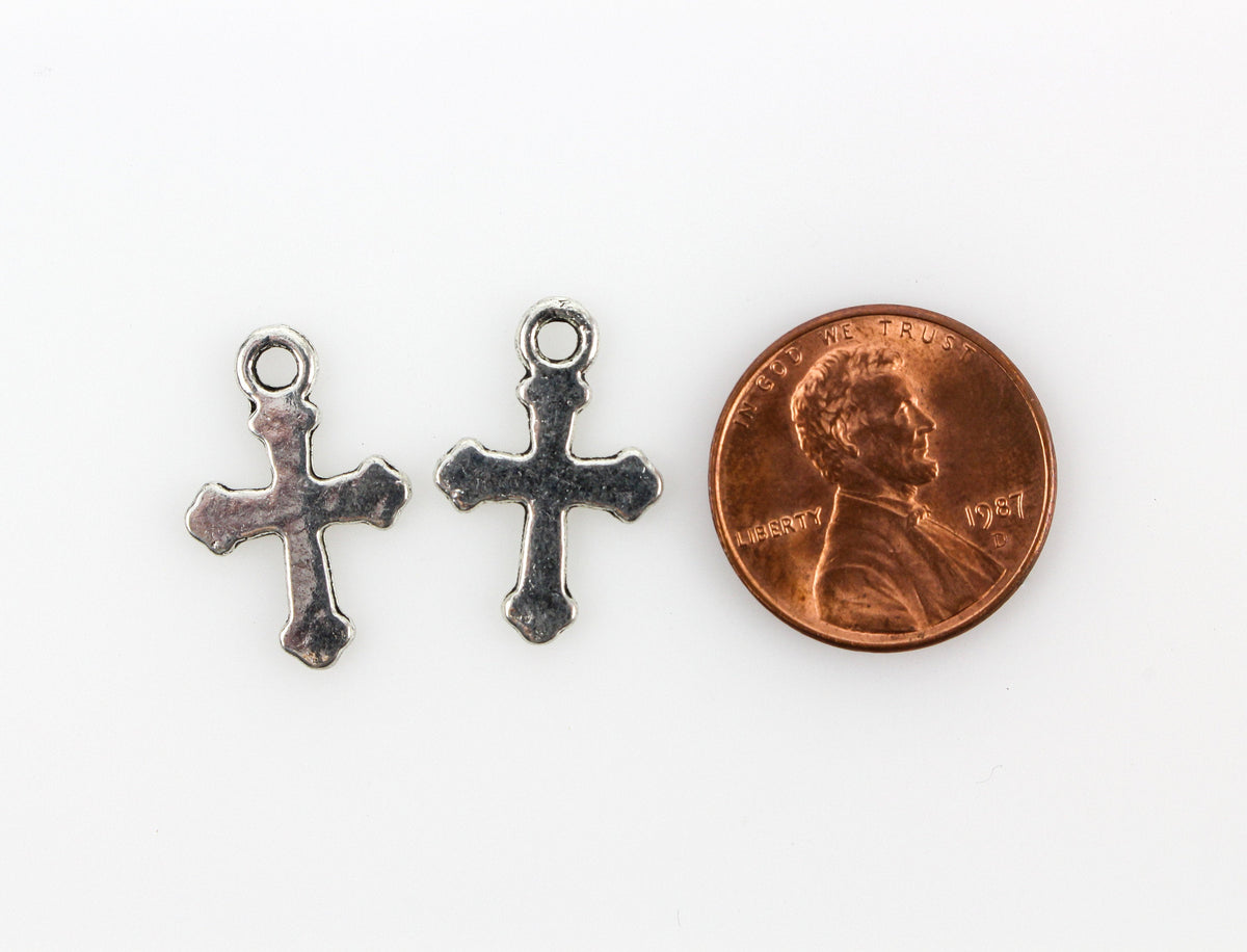 Small Flat Cross Charms with a Simple Budded Design - Silver Tone 25pcs