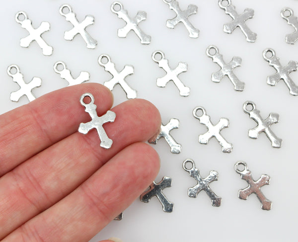 Small Flat Cross Charms with a Simple Budded Design - Silver Tone 25pcs