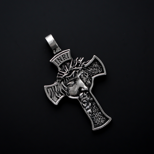 Jesus Christ Cross Pendant - Passion of Christ Crown of Thorns 2-1/8" long - Stainless Steel