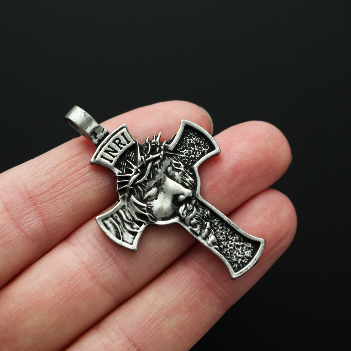 Jesus Christ Cross Pendant - Passion of Christ Crown of Thorns 2-1/8" long - Stainless Steel