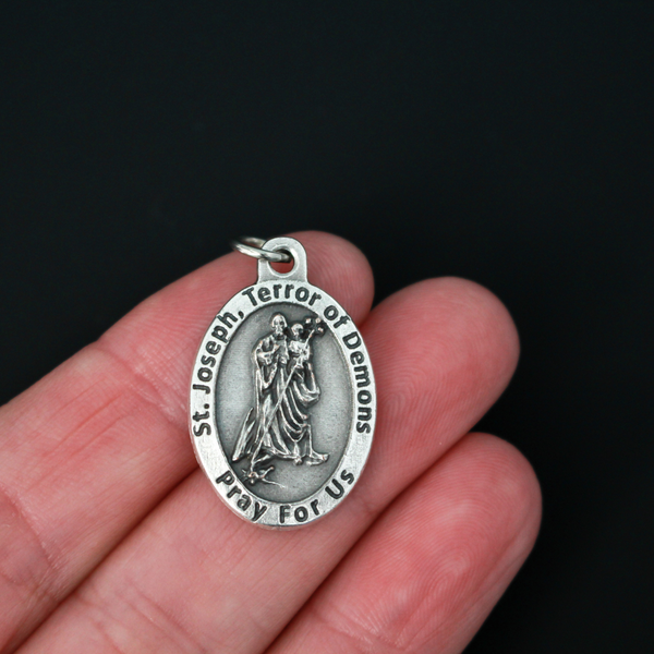 Saint Joseph, Terror of Demons medal that depicts St. Joseph as the spiritual warrior against the devil and celebrates his role in protecting us against the evil around us.