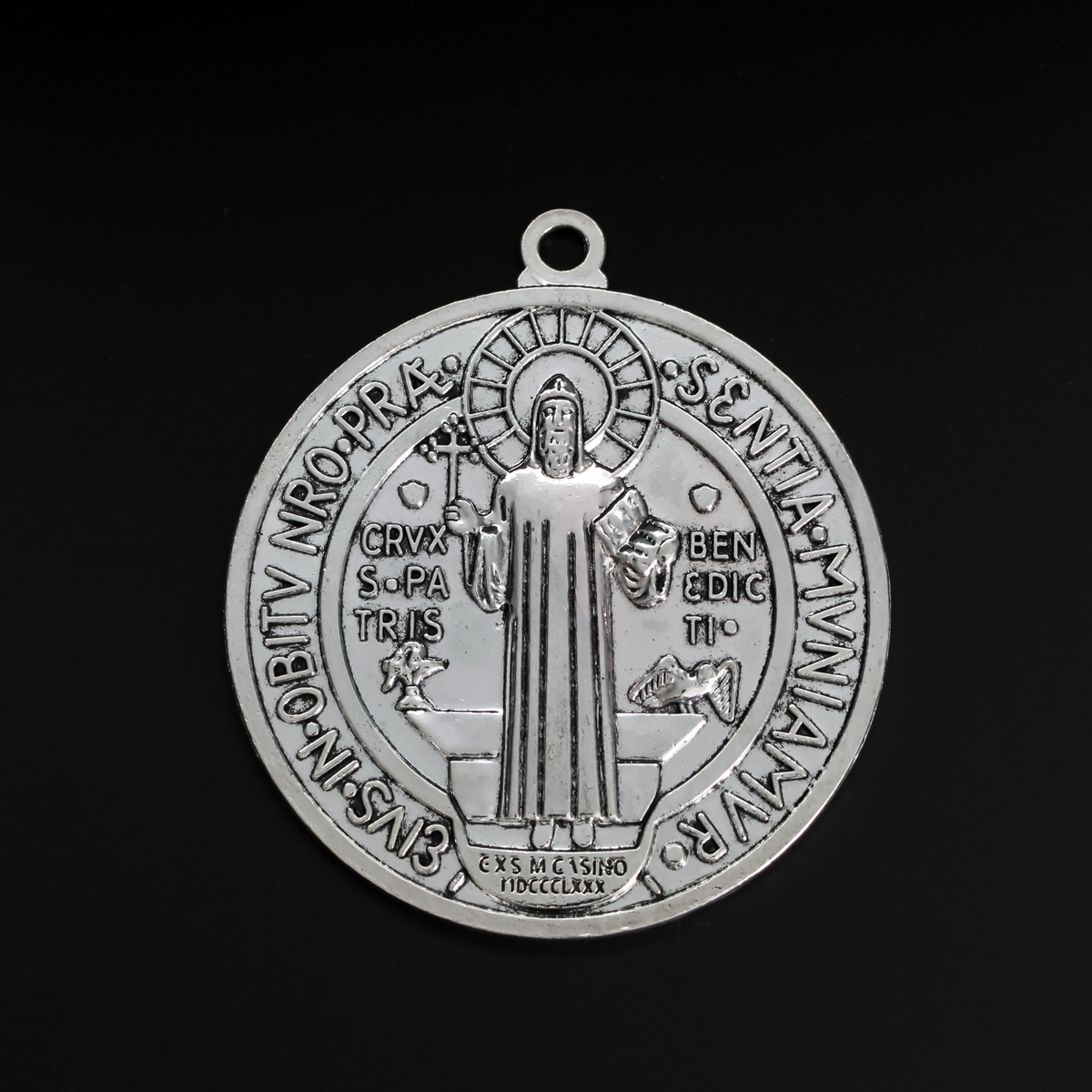 Large 4 inch round St. Benedict medal protection amulet, zinc alloy made in china.