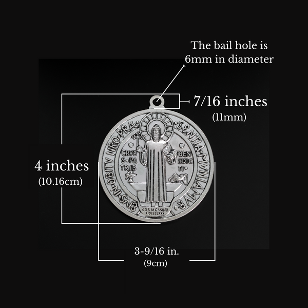 Large 4 inch round St. Benedict medal protection amulet, zinc alloy made in china.