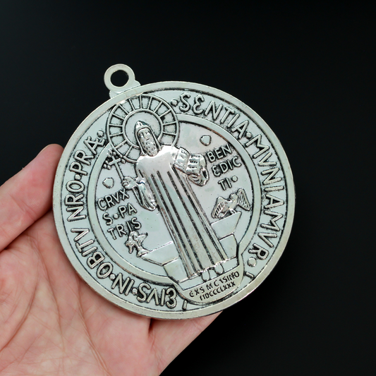 Large 4 inch round St. Benedict medal protection amulet, zinc alloy made in china.