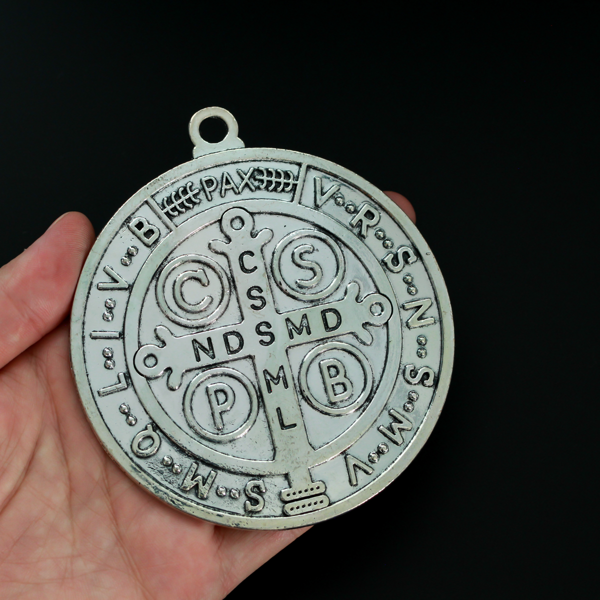 Large 4 inch round St. Benedict medal protection amulet, zinc alloy made in china.