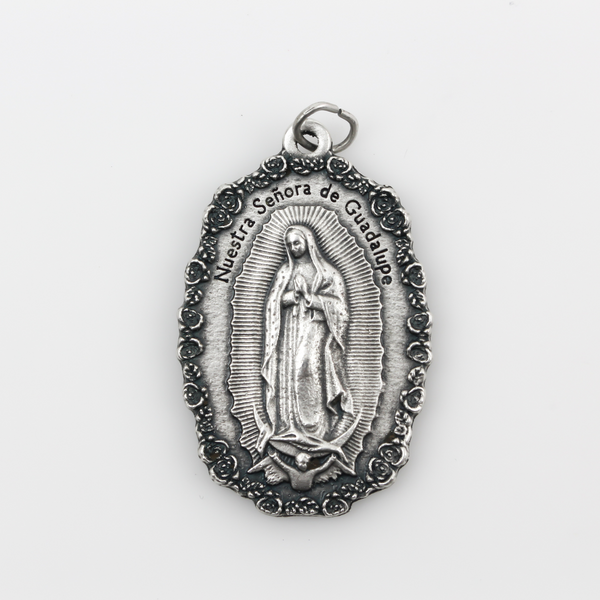 Our Lady of Guadalupe Divine Mercy of Jesus Medal with Rose Border - 1 3/4" Oval Spanish Medal