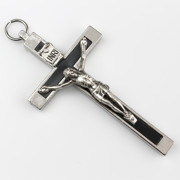 Large Pectoral Crucifix Cross with Black Inlay - Nun's Habit Metal Bound Crucifix 3.5" Long