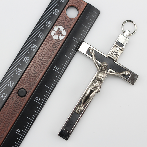 Large Pectoral Crucifix Cross with Black Inlay - Nun's Habit Metal Bound Crucifix 3.5" Long