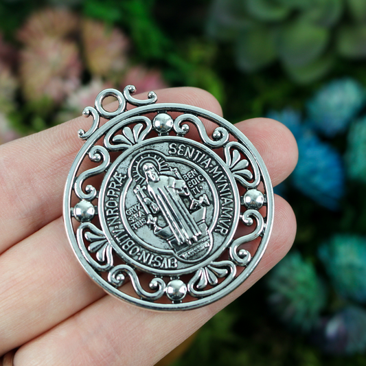 large round saint benedict medal, 1-3/4" long zinc alloy