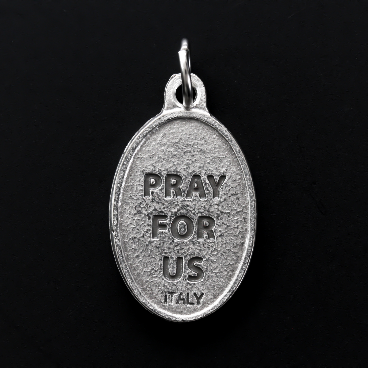 Saint Lazarus of Bethany oval medal that depicts the saint on the front and "Pray For Us" on the back.