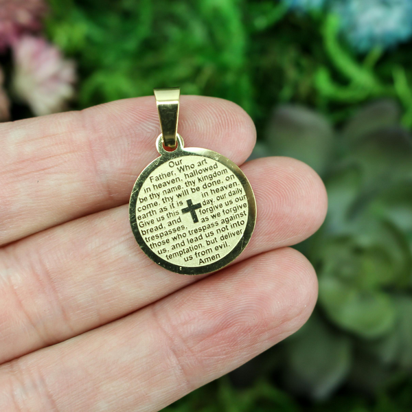 gold plated stainless steel medallion inscribed with the lords prayer