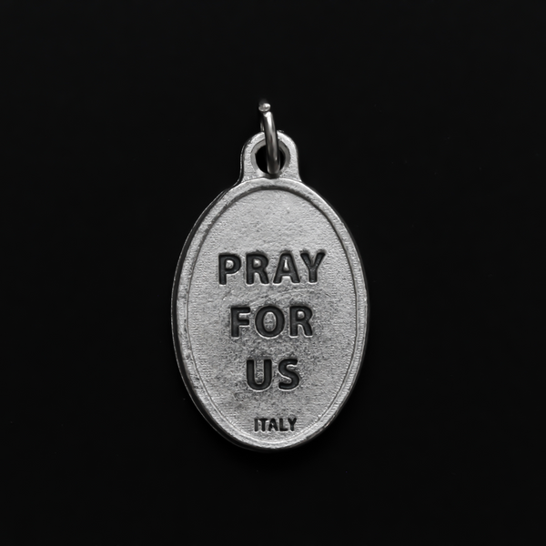 Saint Louis de Montfort medal that depicts the saint on the front and "Pray for us" on the back