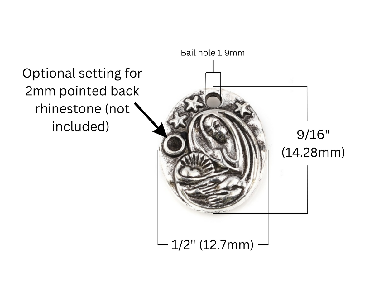 This dainty Madonna and child charm is crafted from quality metal and features a detailed design of the Virgin Mary holding infant Jesus