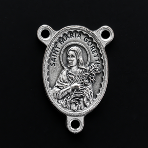 Saint Maria Goretti rosary centerpiece with a unique scalloped edge design.