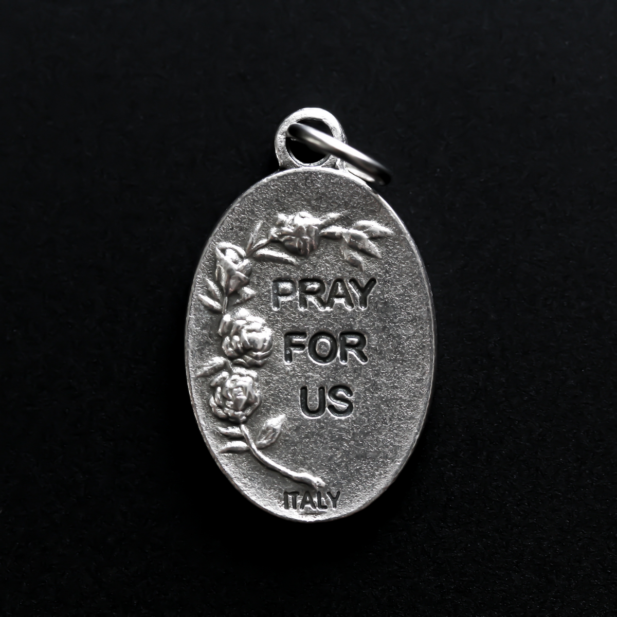 Mary Help of Christians oxidized medal has an image of the Blessed Virgin on the front and the words "Pray for Us" on the back