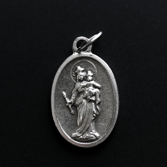Mary Help of Christians oxidized medal has an image of the Blessed Virgin on the front and the words "Pray for Us" on the back
