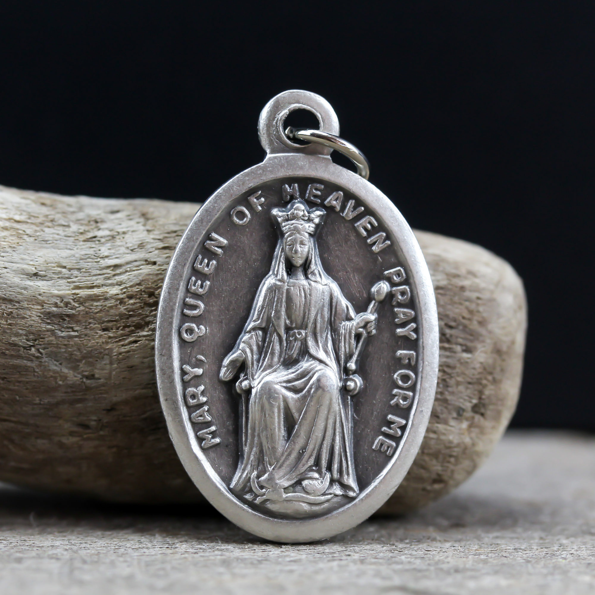 Mary queen of heaven pray for us medal. silver tone color 1" oval medallion made in Italy.