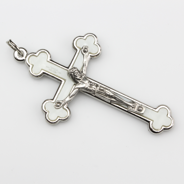 Cloverleaf Budded Crucifix Cross with White Luminous Inlay - Metal Bound Holy Trinity Crucifix 2.5" Long
