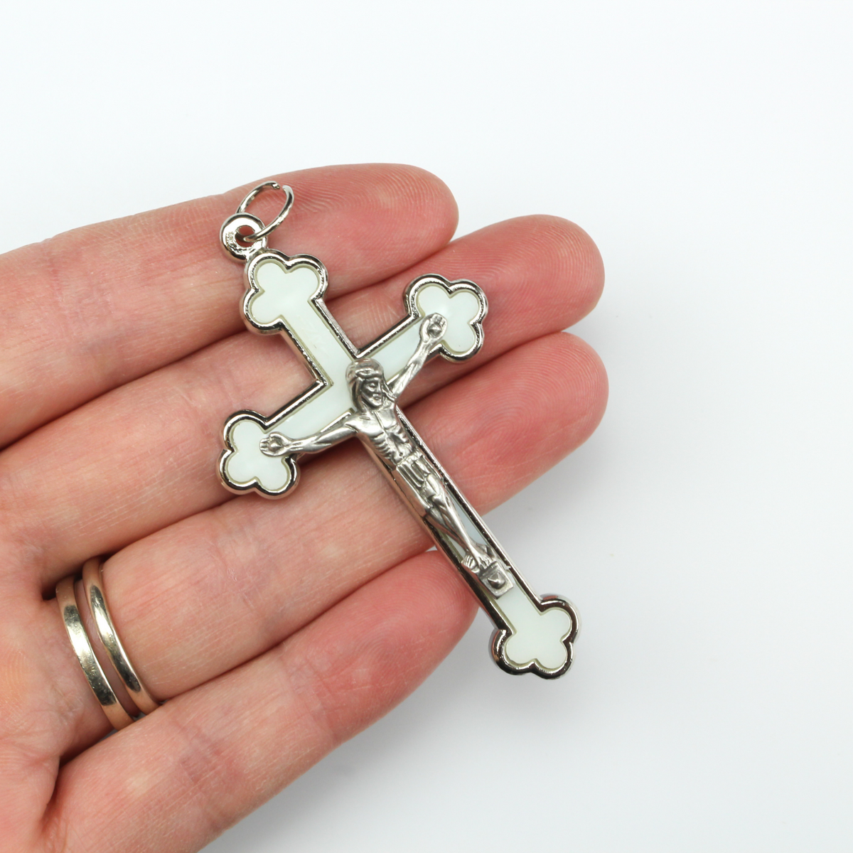 Cloverleaf Budded Crucifix Cross with White Luminous Inlay - Metal Bound Holy Trinity Crucifix 2.5" Long
