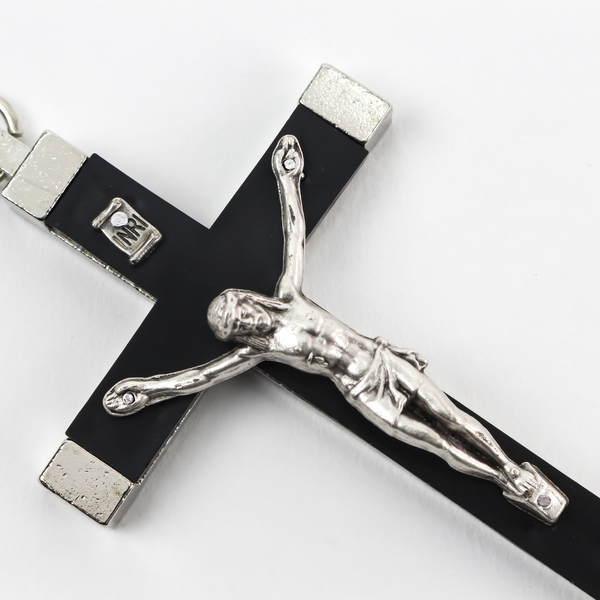 Large Pectoral Crucifix Cross with Black Inlay - Metal Bound Crucifix 3.75" long - Made in Italy