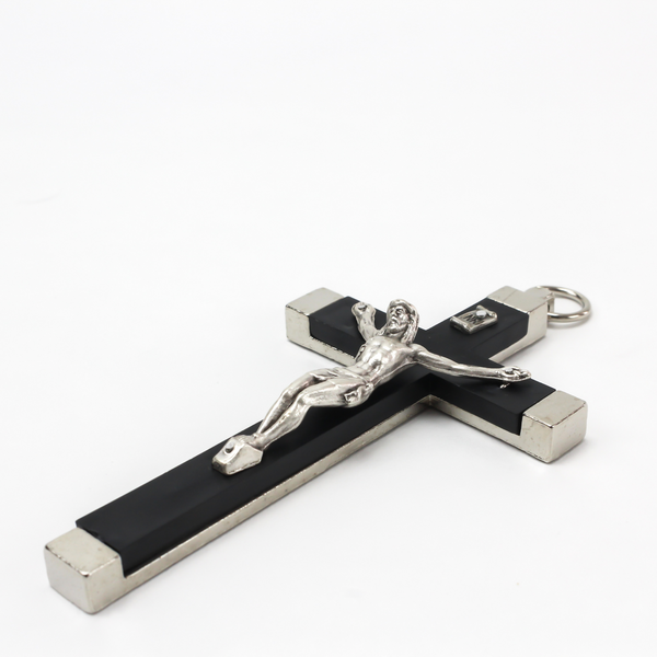 Large Pectoral Crucifix Cross with Black Inlay - Metal Bound Crucifix 3.75" long - Made in Italy