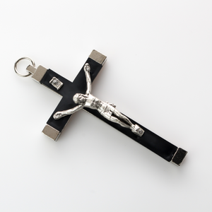 Large silver-tone pectoral crucifix cross with black inlay 3.75" long