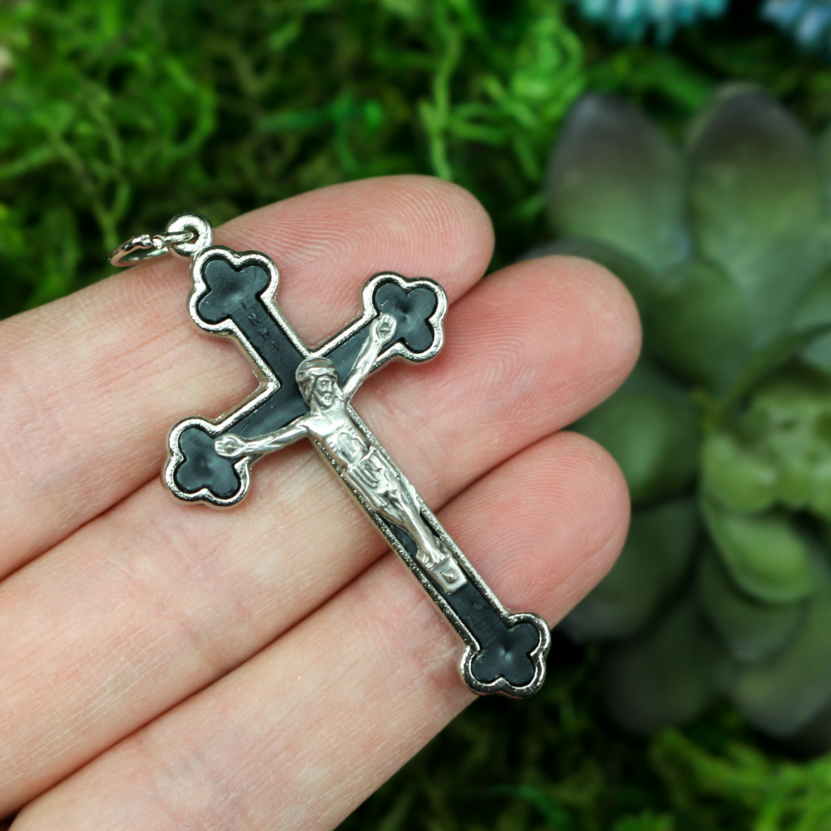 Cloverleaf Budded Crucifix Cross with Black Inlay - Metal Bound Holy Trinity Crucifix 2" Long