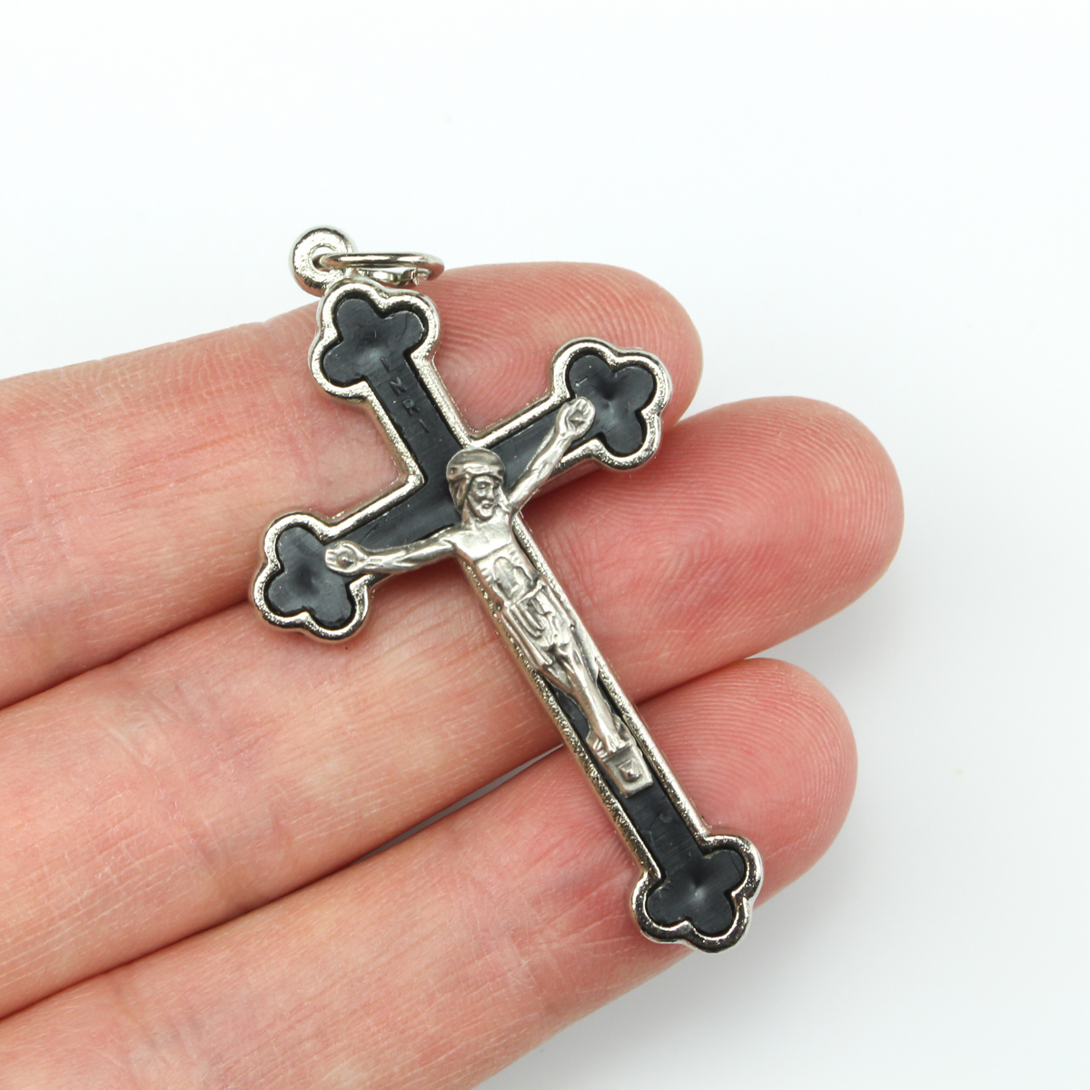 Cloverleaf Budded Crucifix Cross with Black Inlay - Metal Bound Holy Trinity Crucifix 2" Long