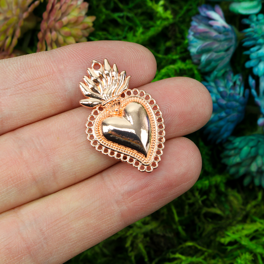 Small Sacred Heart Pendant 30mm Mexican Milagro Style - Shiny Rose Gold Color