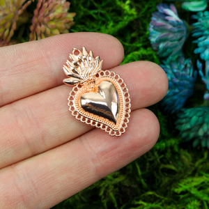 Small Sacred Heart Mexican Milagro Flaming Holy Heart Pendant 30mm - Shiny Rose Gold Color
