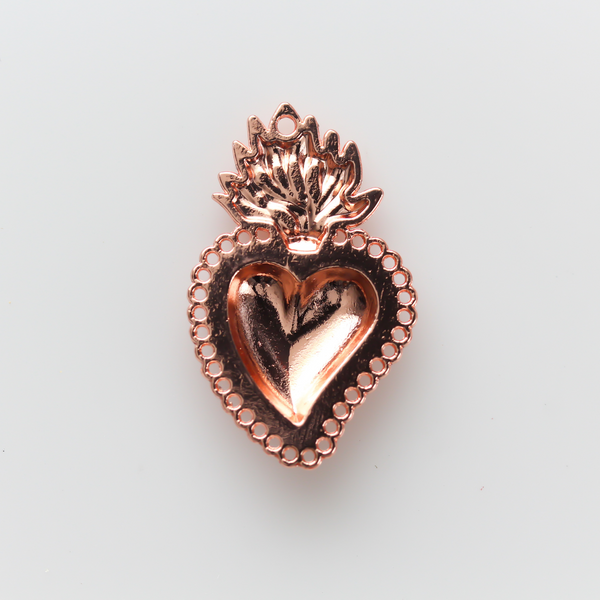Small Sacred Heart Mexican Milagro Flaming Holy Heart Pendant 30mm - Shiny Rose Gold Color