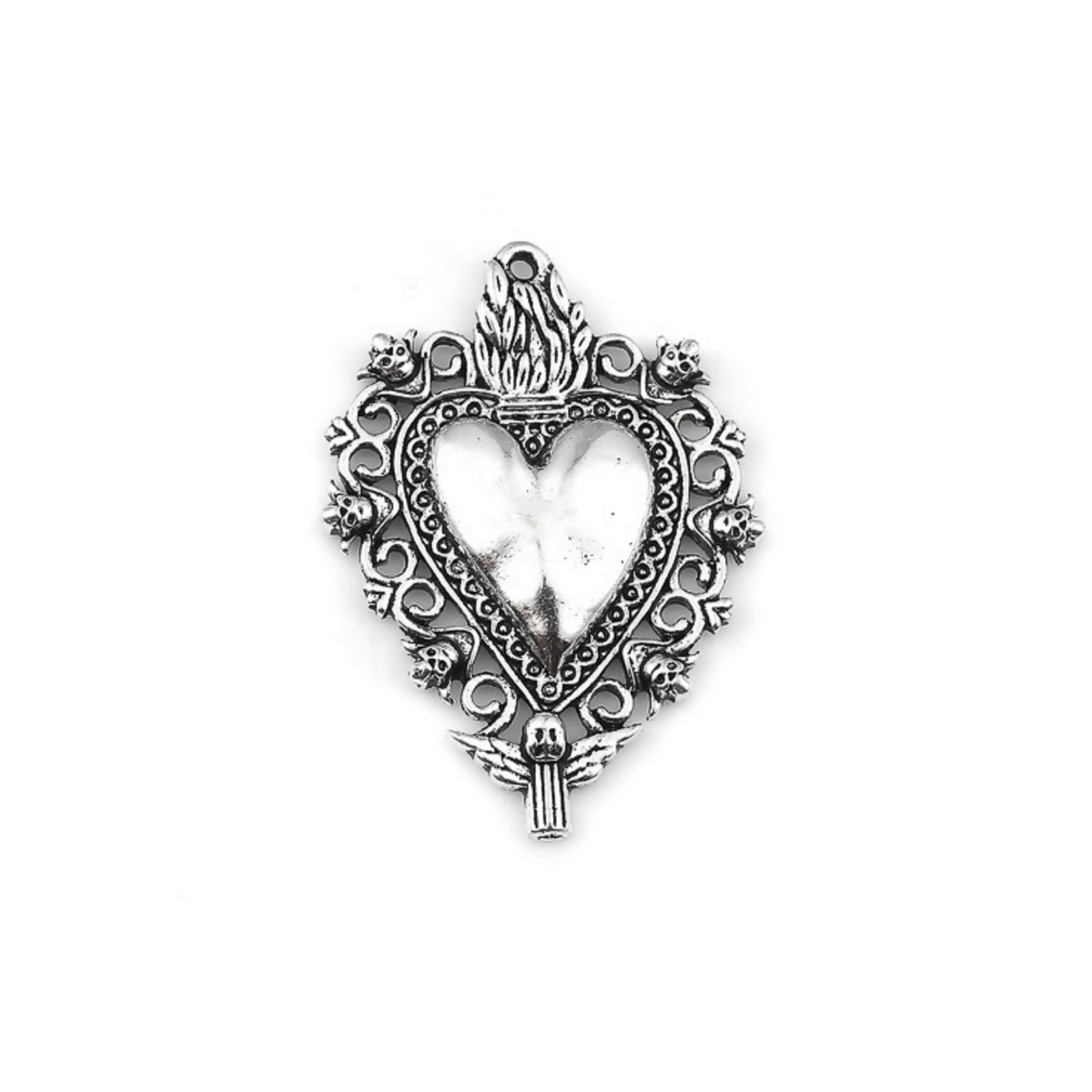 Unique Sacred Heart Milagro style pendant with skulls around the border a winged angel at the bottom.