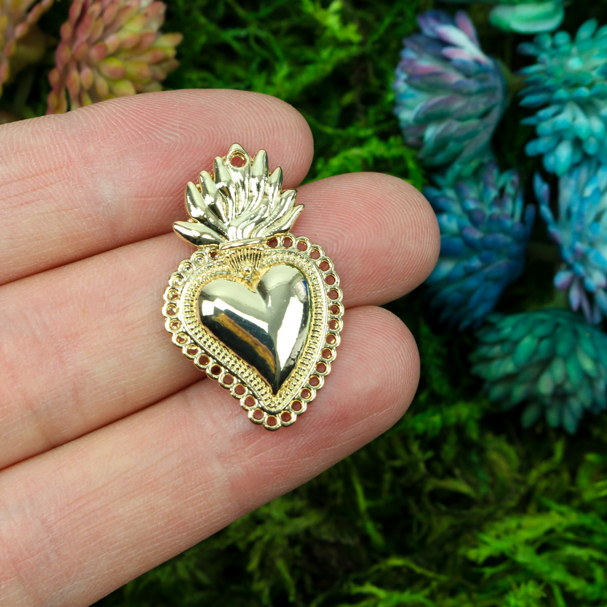 Small Sacred Heart Pendant 30mm Mexican Milagro Style - Shiny Light Gold Color