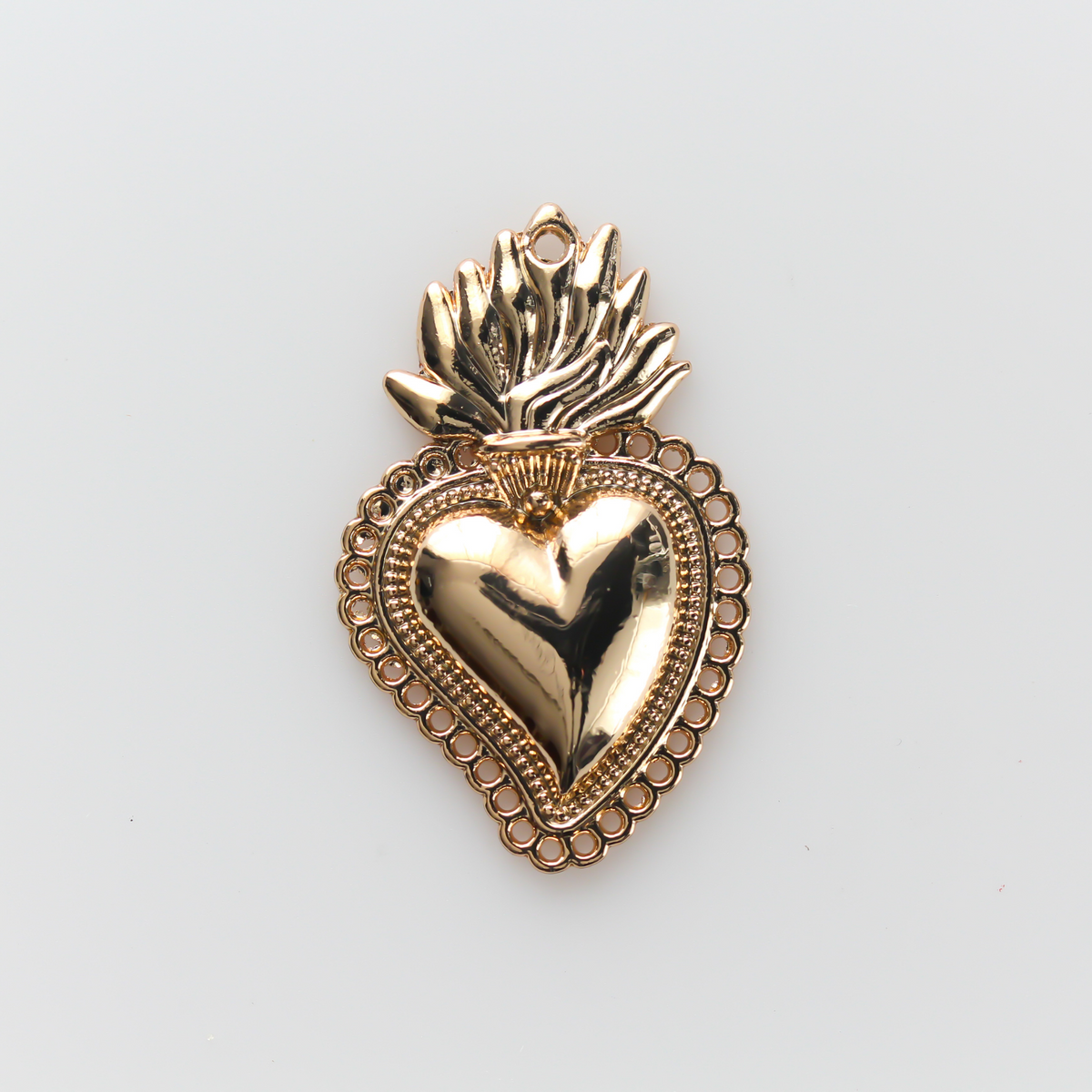 Small Sacred Heart Pendant 30mm Mexican Milagro Style - Shiny Light Gold Color
