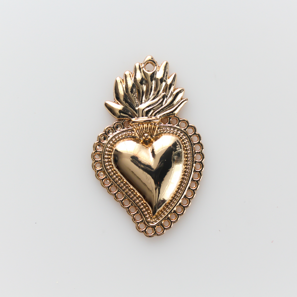 Small Sacred Heart Mexican Milagro Flaming Holy Heart Pendant 30mm - Shiny Light Gold Color