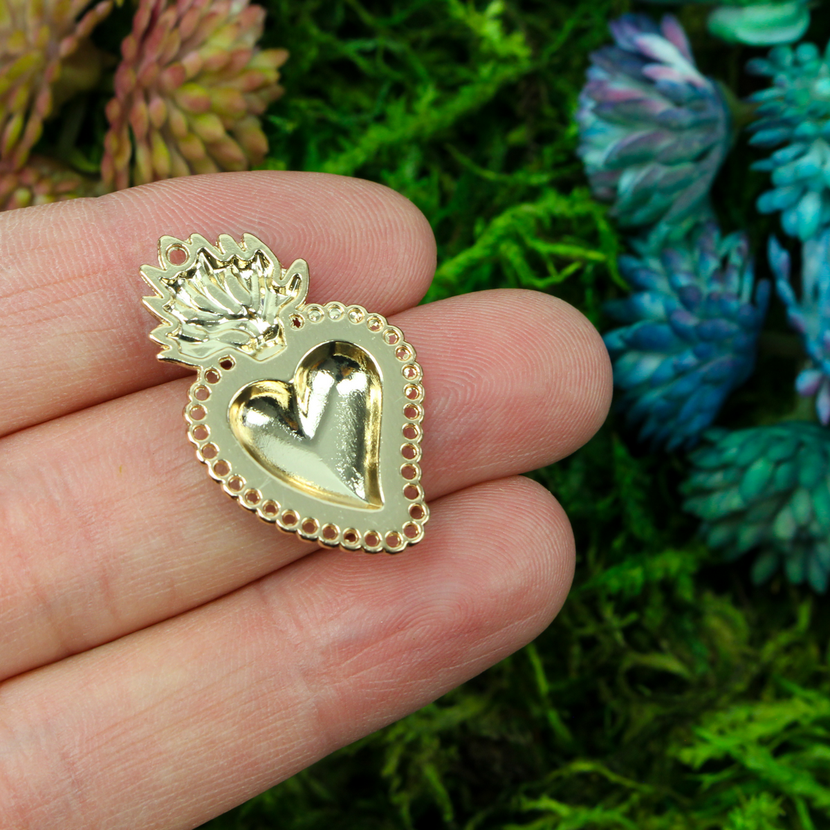 Small Sacred Heart Pendant 30mm Mexican Milagro Style - Shiny Light Gold Color